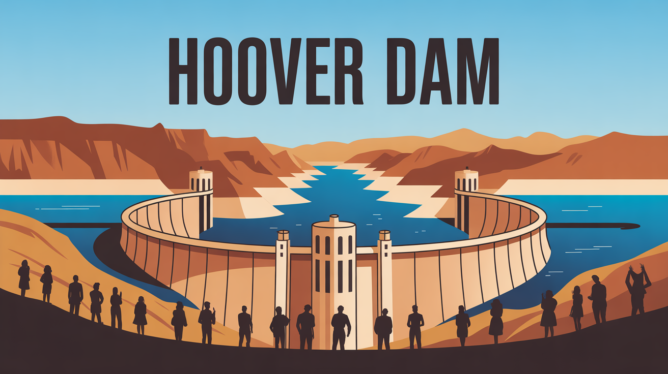Vue stylisee du barrage Hoover avec touristes et paysage desertique