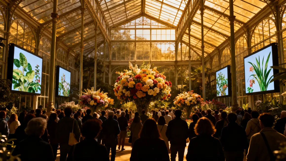 Visiteurs foule bouquets exposition Organique Orangerie