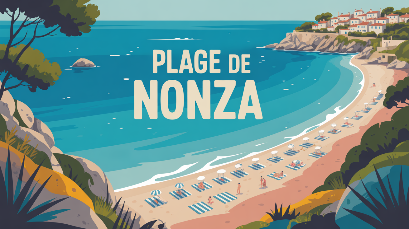 illustration plage de Nonza galets noirs mer turquoise et village perché