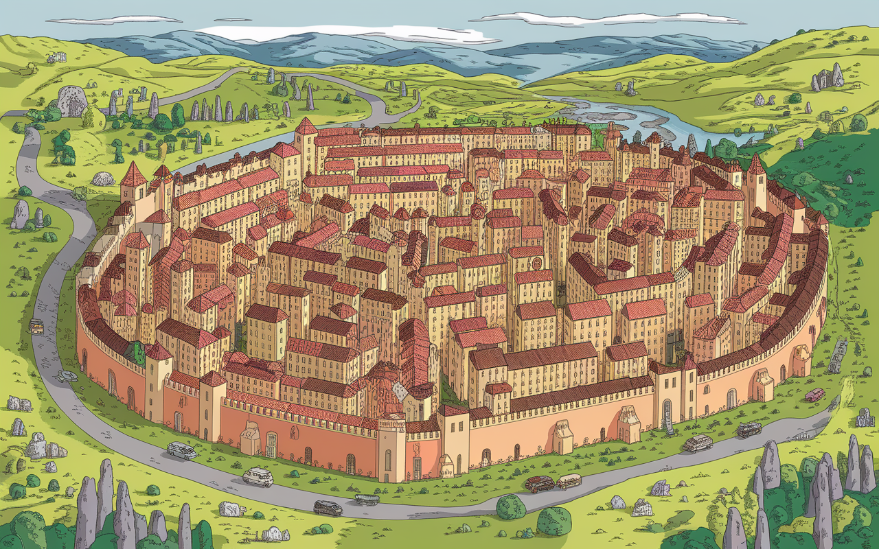 Plan ville médiévale urbanisme quartiers fortifications schema