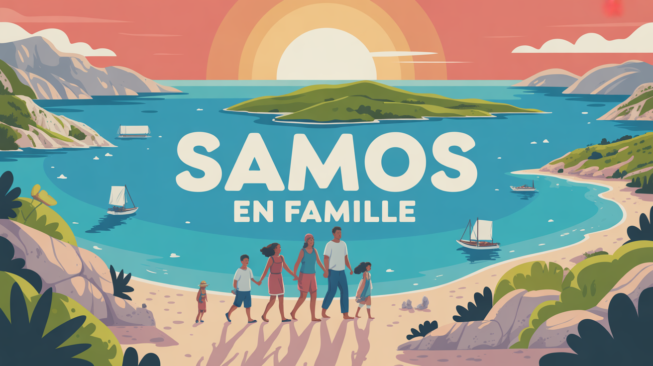 Famille sur île verdoyante mer Samos
