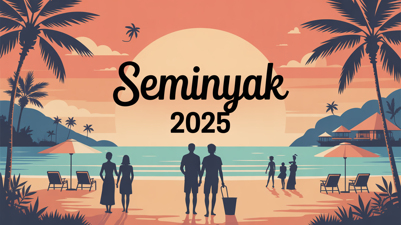 Illustration plage de Seminyak 2025 avec voyageurs villas ambiance chic