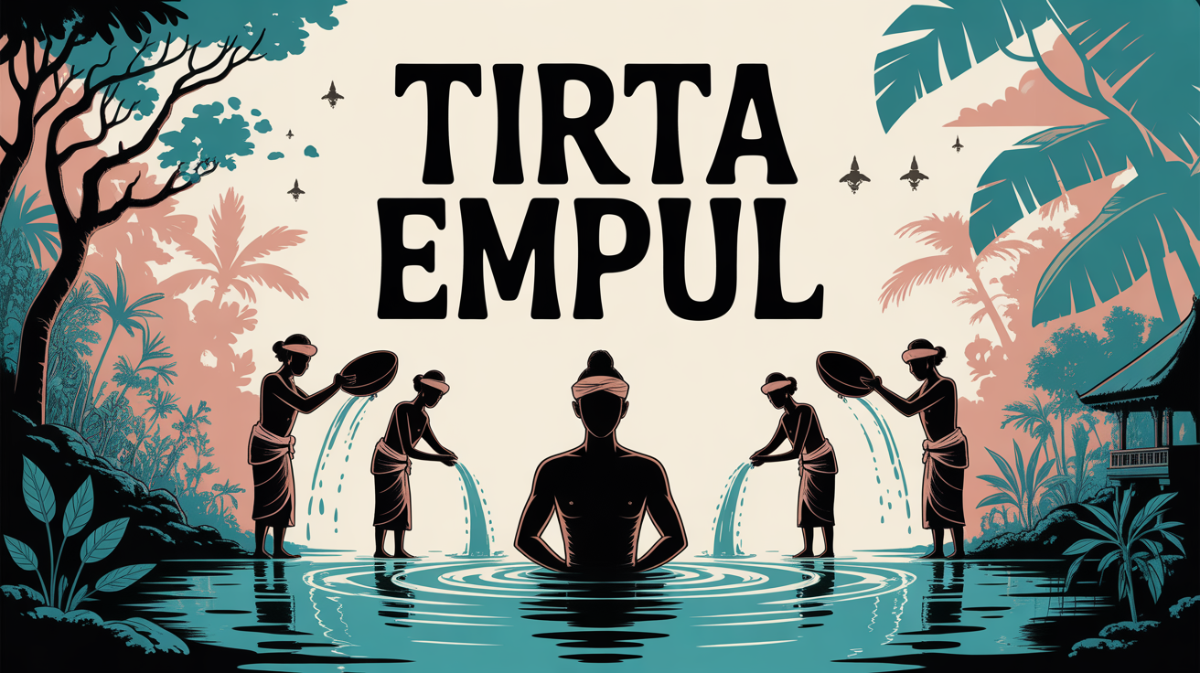 Illustration du bassin principal Tirta Empul avec fidèles en sarong, eau et végétation