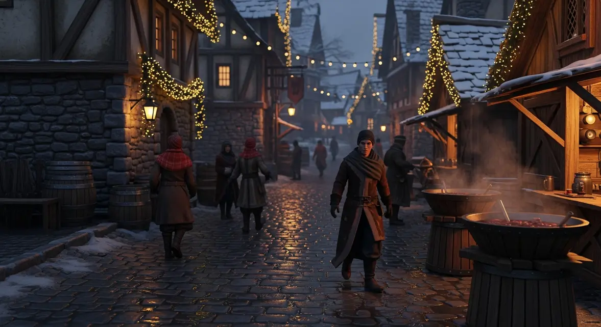 village médiéval enneigé marché de Noël proche Paris