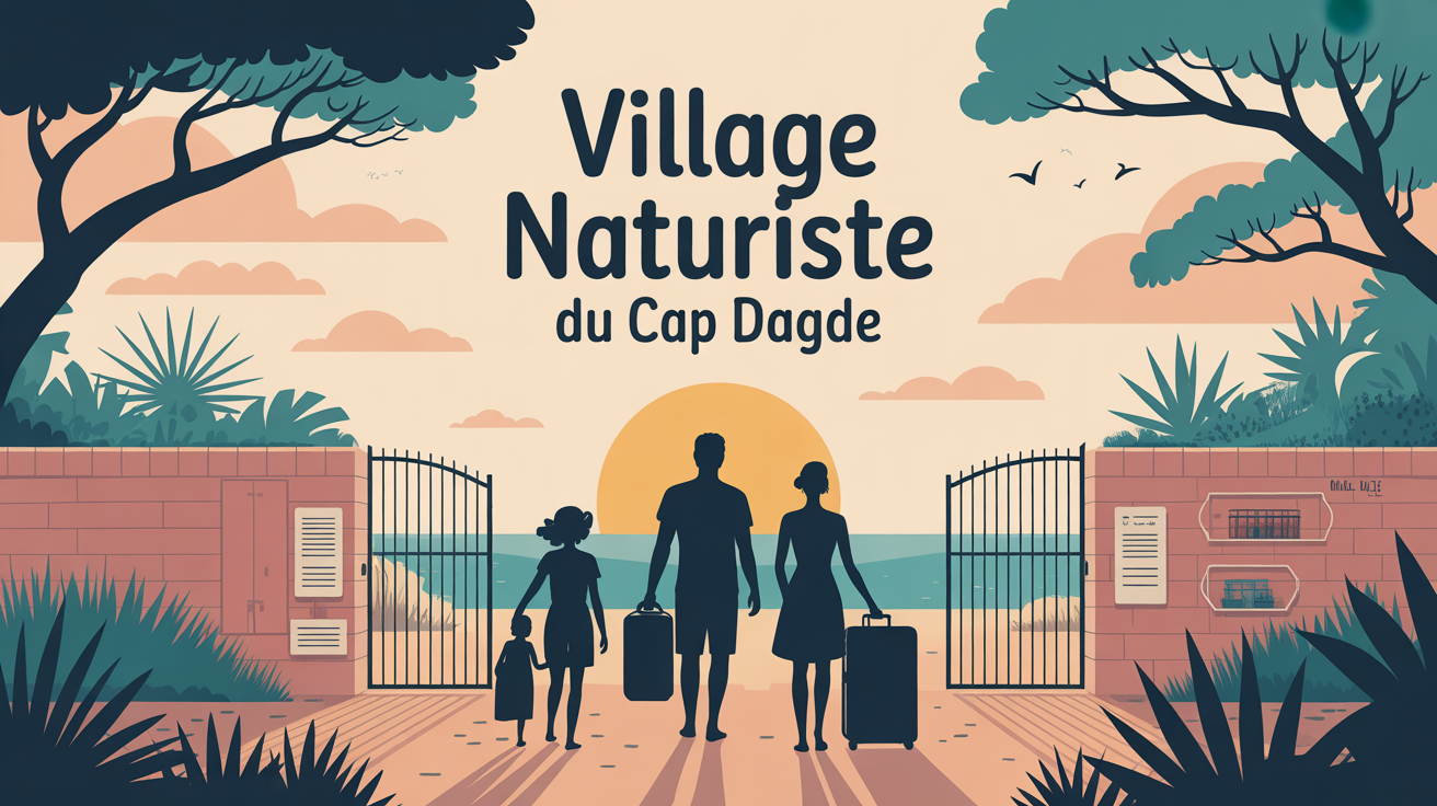 Entrée village naturiste Cap d'Agde été familles couples portail