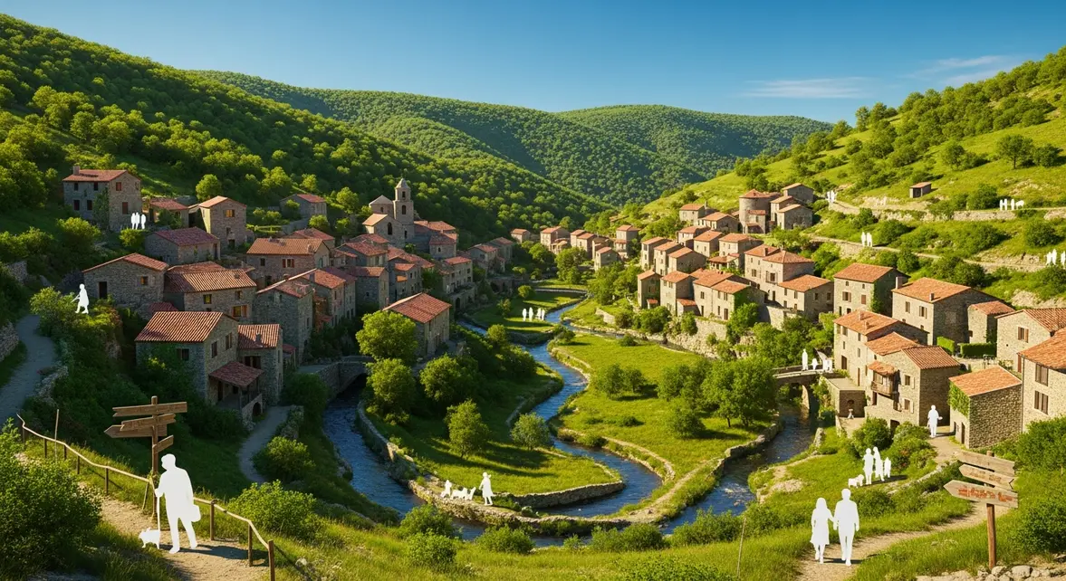 Vue panoramique des villages cévenols authentiques en été