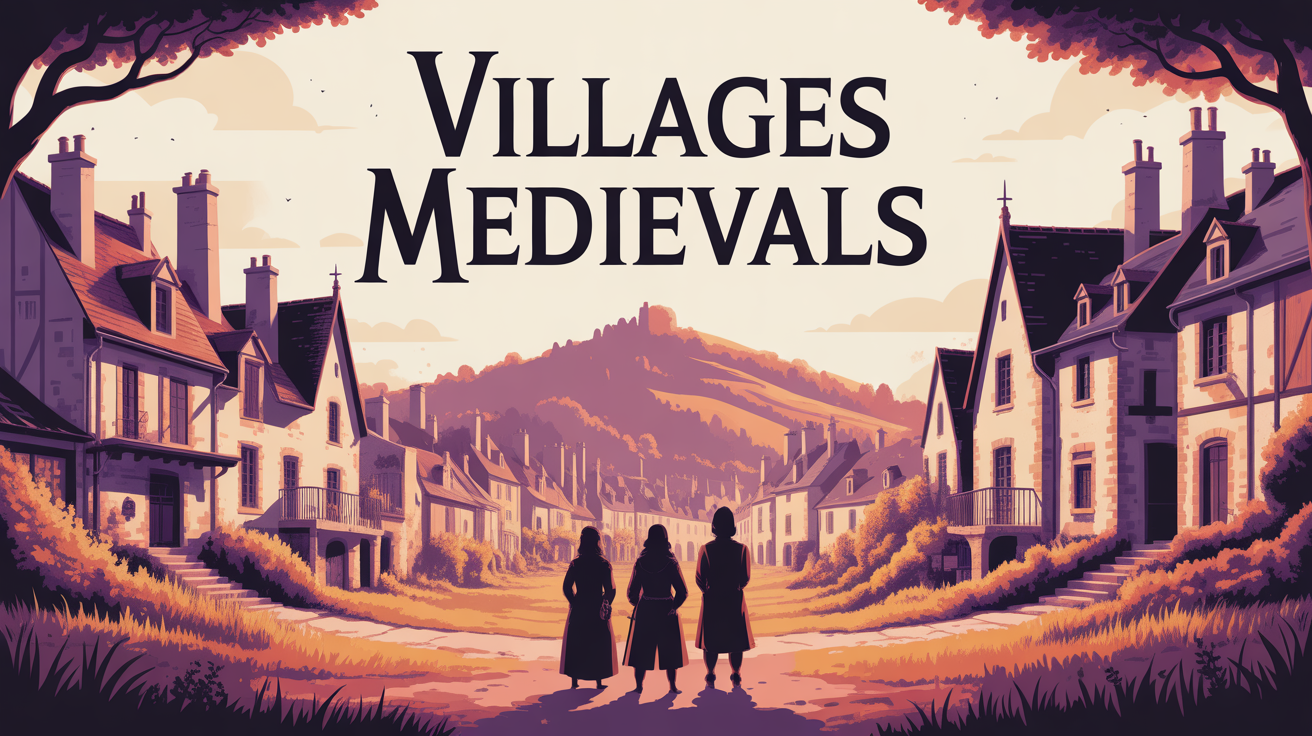 panorama village médiéval avec ruelles pavées maisons remparts colline brumeuse