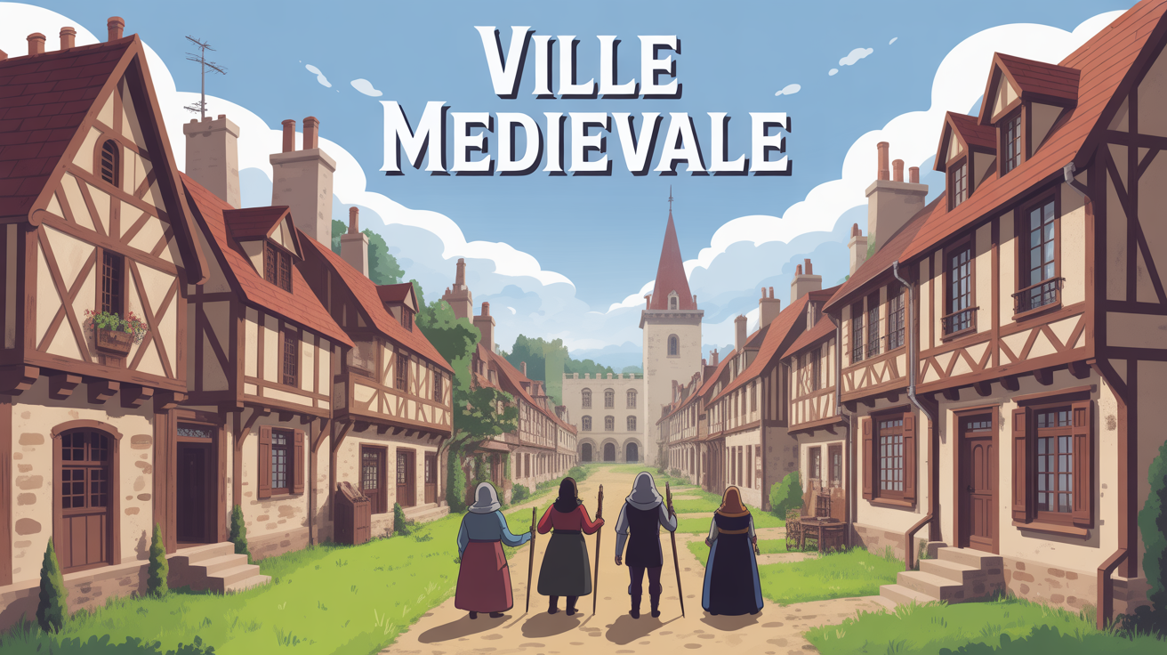 Ville médiévale animée remparts ruelles marché illustration