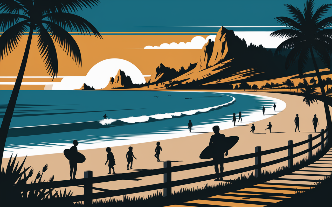 Vue baie Pontaillac surfeurs enfants promenade bois