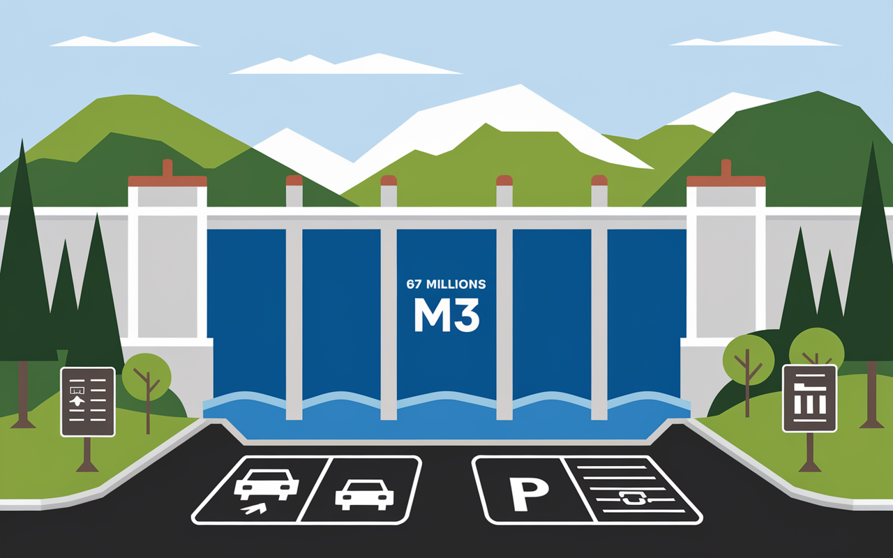 Schema du barrage Cap de Long hauteur, lac, parking