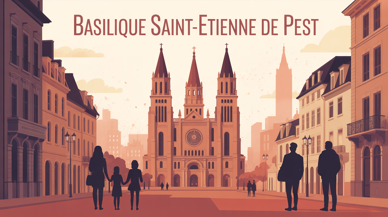 Vue principale Basilique Saint-Etienne de Pest et familles touristes