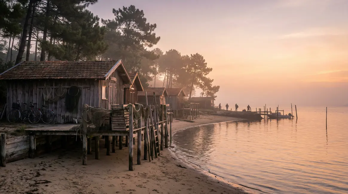 Cap Ferret village cabanes bois bassin lever soleil