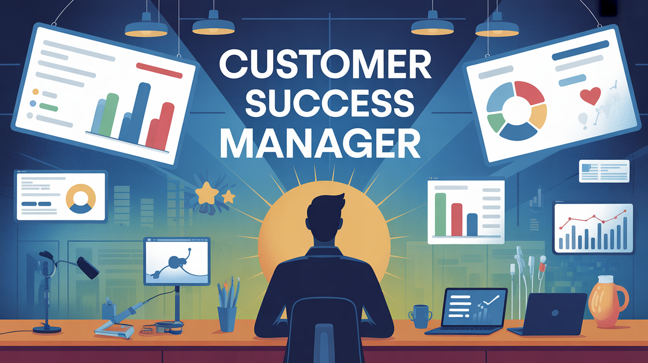 Customer Success Manager au centre open space dynamique outils digitaux graphiques