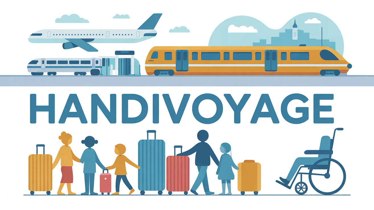 Illustration voyage handivoyage aéroport train hôtel fauteuil roulant