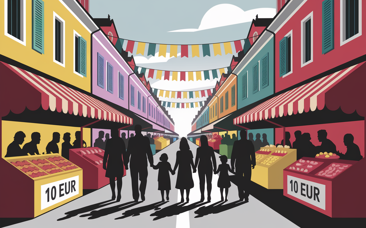 Scène marché Vic spécialités charcuterie famille