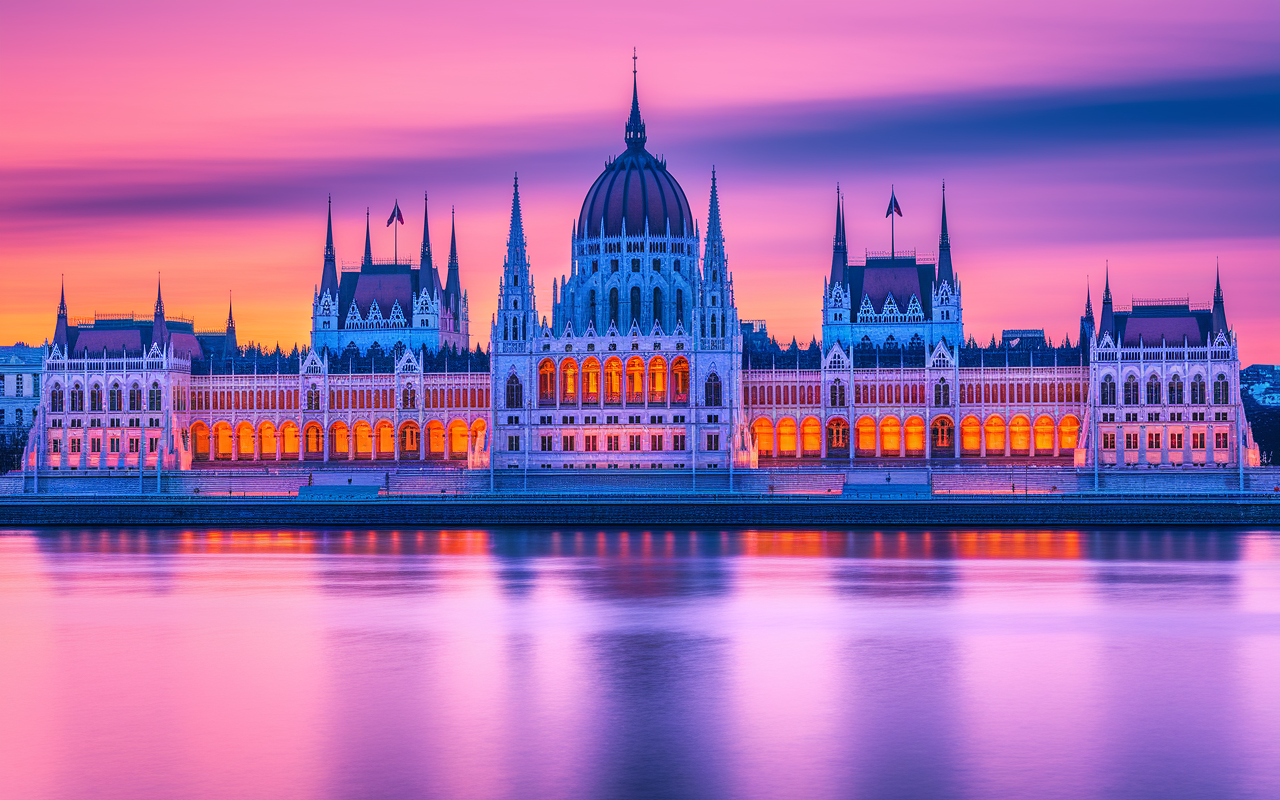 Vue stylisée du Parlement de Budapest au lever du jour avec visiteurs et billets