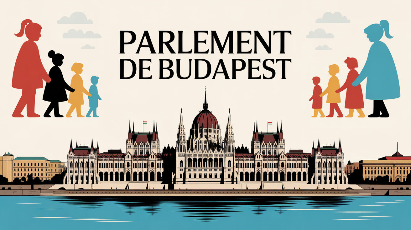 Illustration stylisée du Parlement de Budapest avec familles et dorures en visite