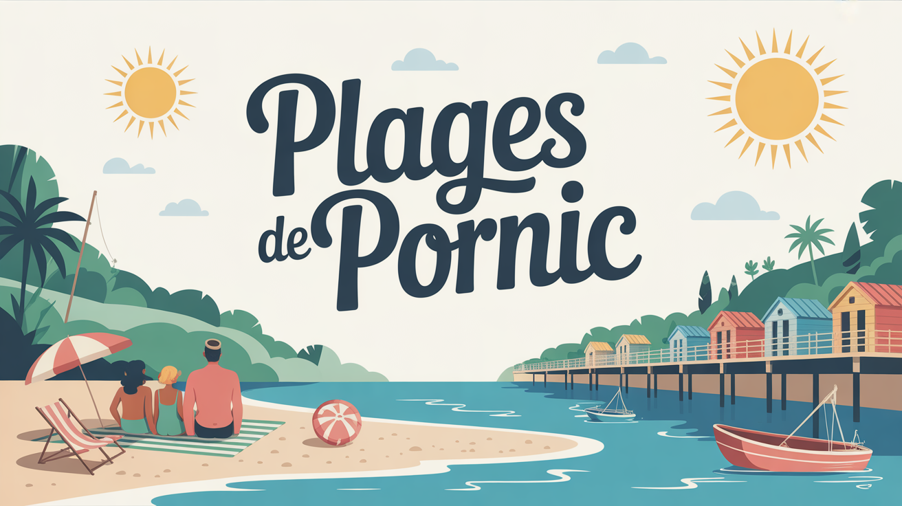 Illustration littoral Plages de Pornic avec pêcheries et famille