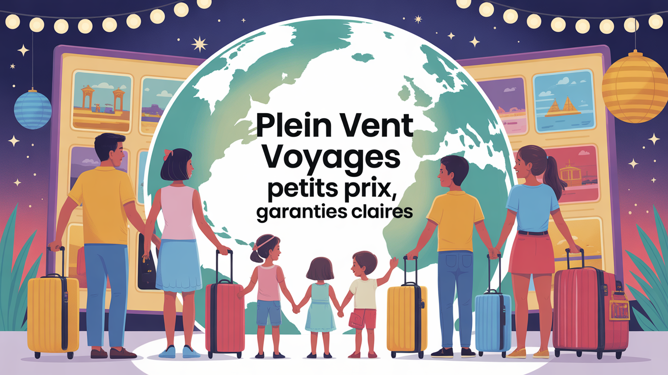Famille devant tableau d'affichage voyages Plein Vent petits prix