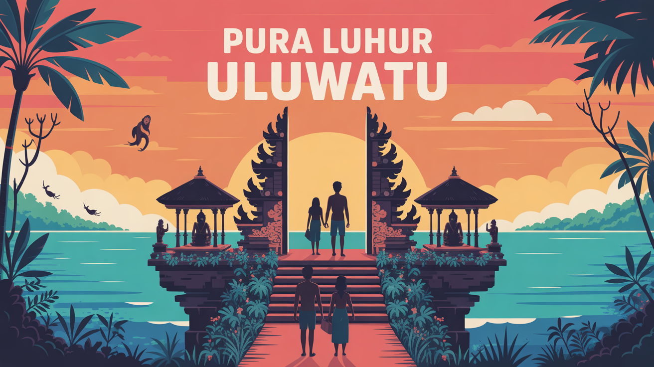 Temple Uluwatu Bali sur falaise au coucher du soleil avec famille et singes