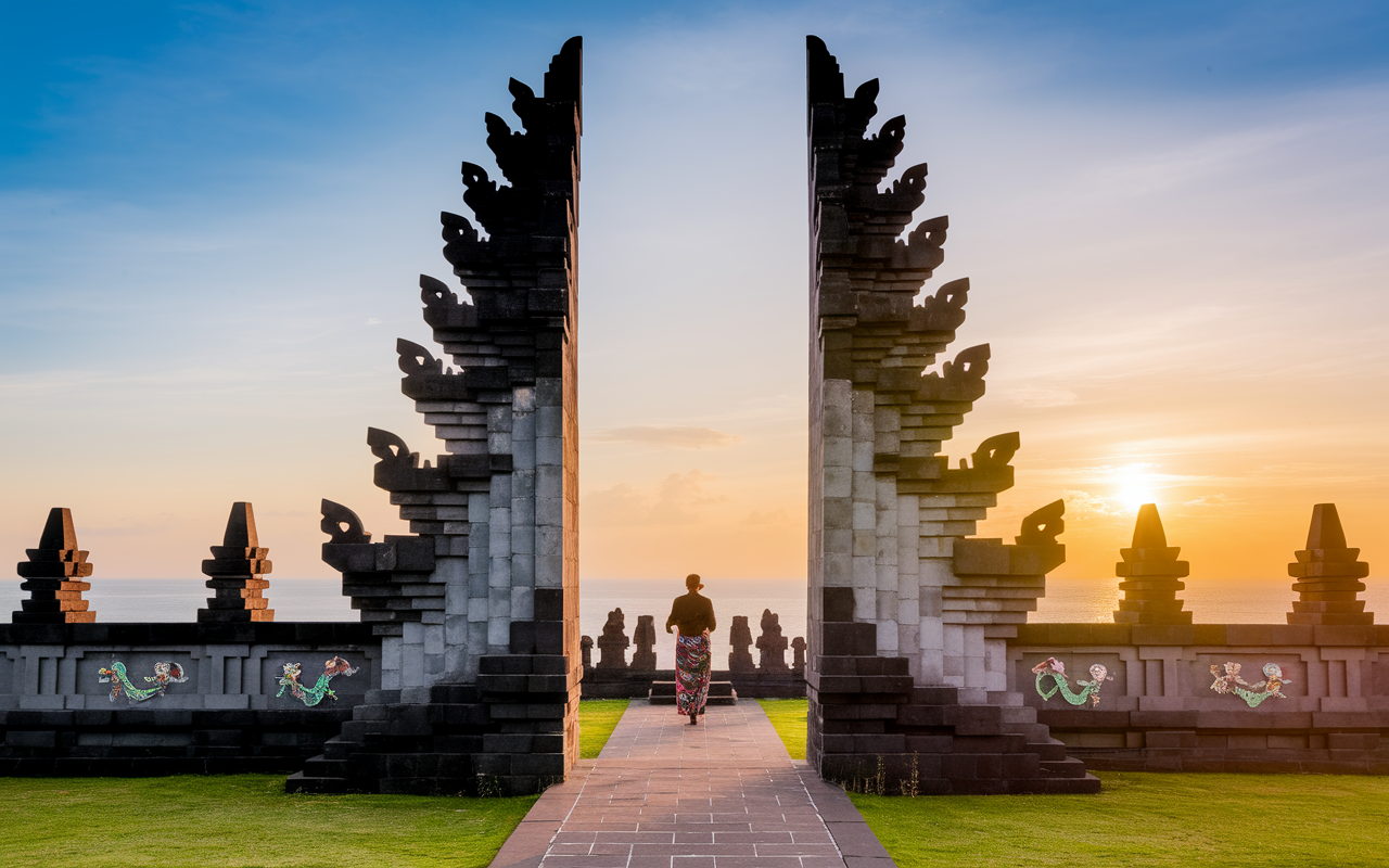 Temple sur falaise avec visiteurs sarong, singes, ambiance soleil bas