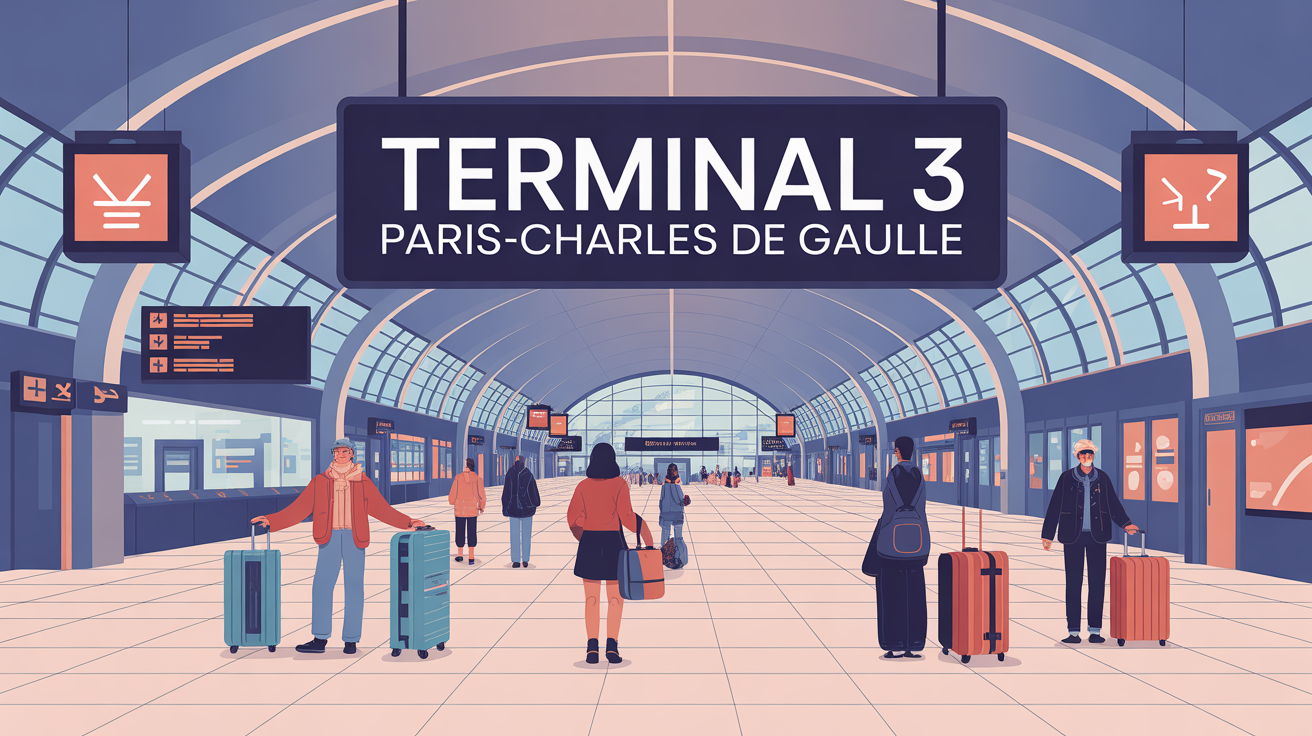 Terminal 3 CDG illustration stylisée hall et voyageurs