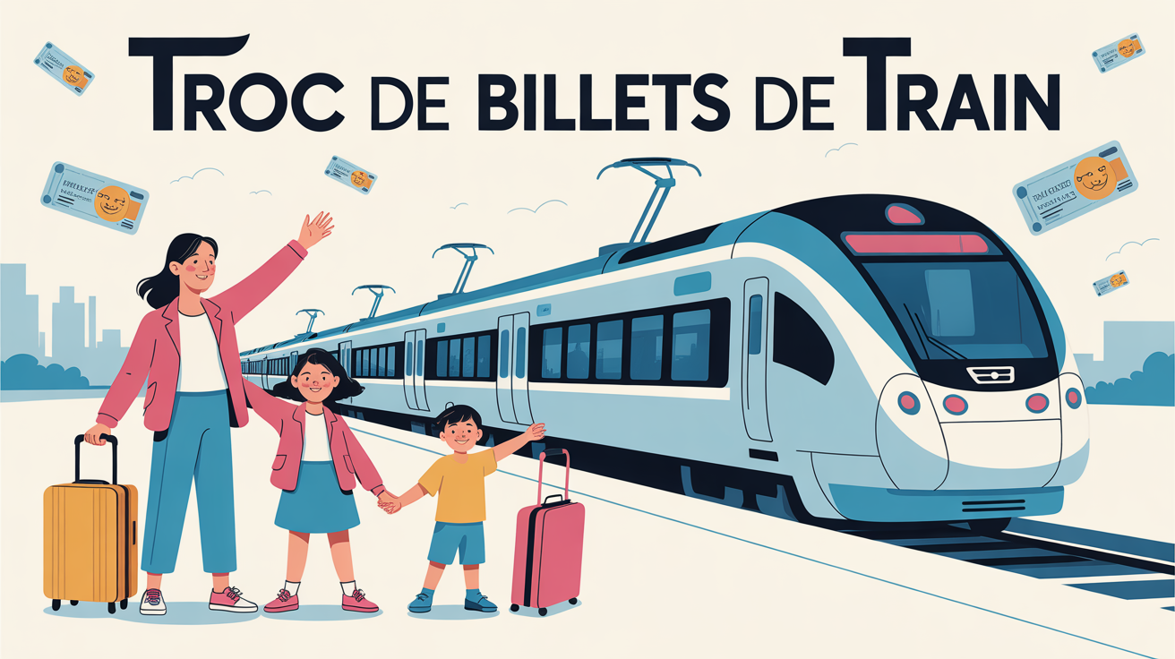 Famille souriante devant train moderne troc de billets de train