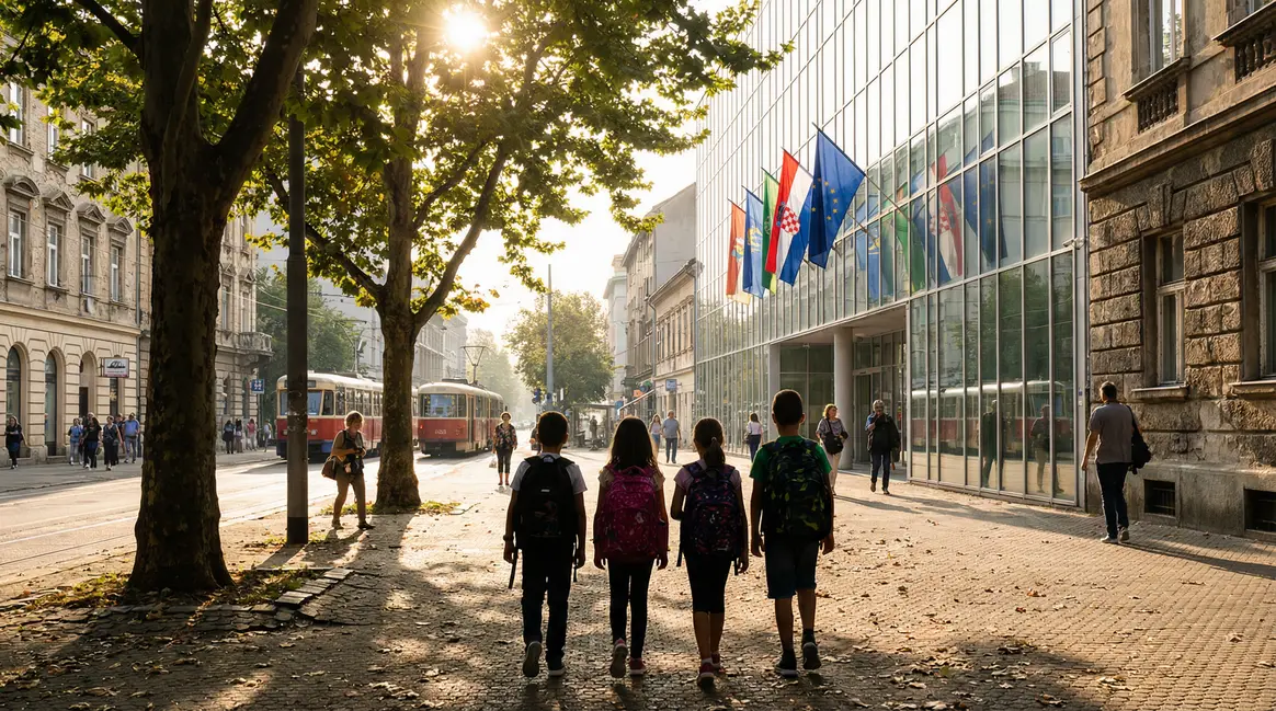Enfants expatriés arrivant à une école internationale de Zagreb