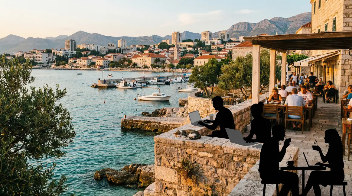 Expatriés francophones travaillant sur laptops sur la côte croate moderne