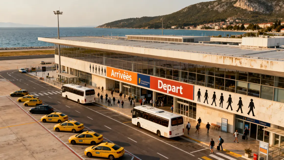Facade aéroport Croatie bus taxis voyageurs