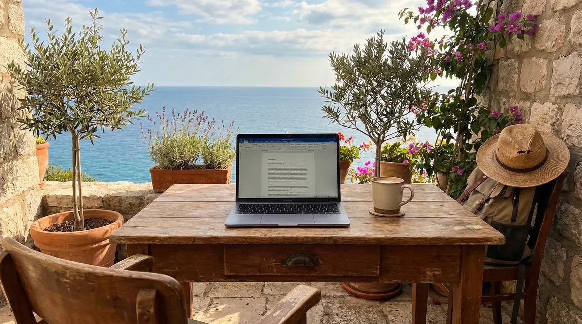 Bureau freelance face à la mer Adriatique avec ordinateur et café