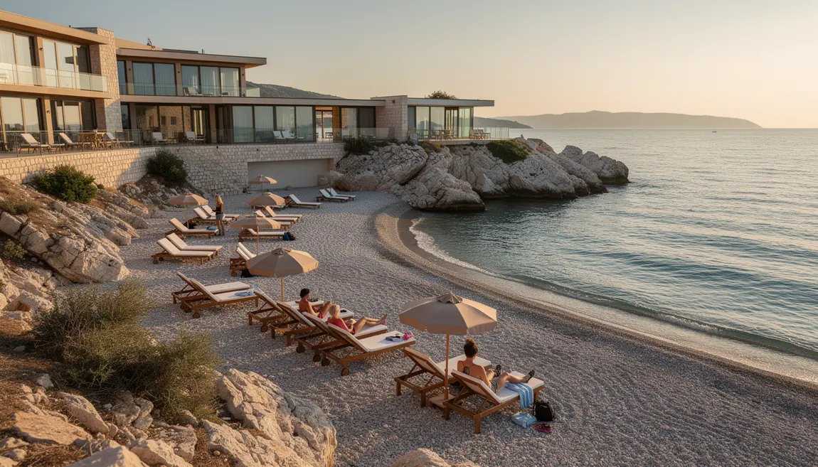 Hotel Zora Croatie sur péninsule, plage galets, vue mer Adriatique