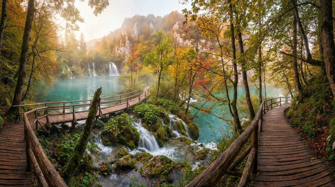 Vue immersive parc naturel Croatie lacs cascades montagnes printemps automne