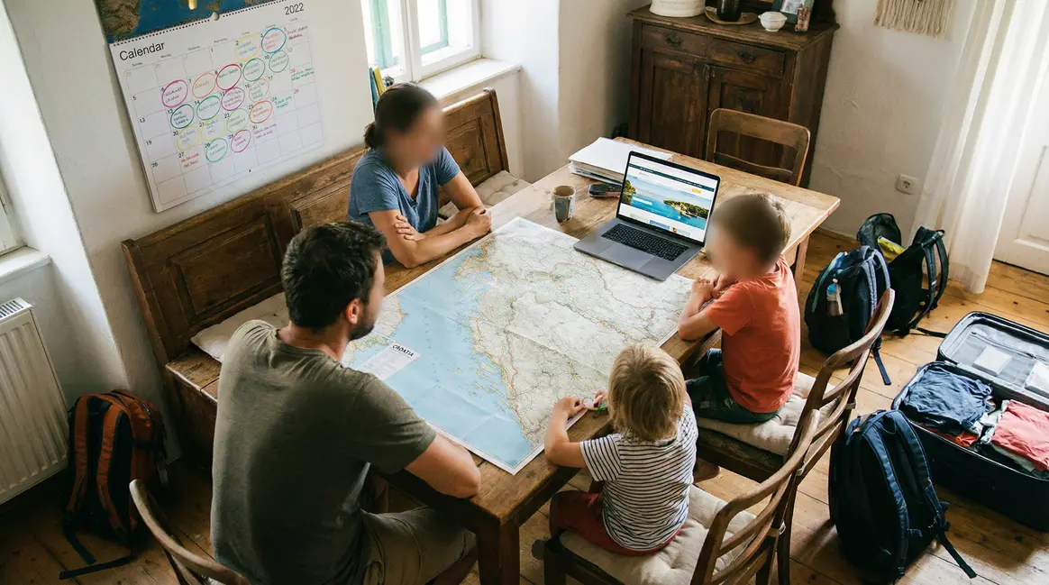 Famille planifiant vacances Croatie sur carte avec calendrier