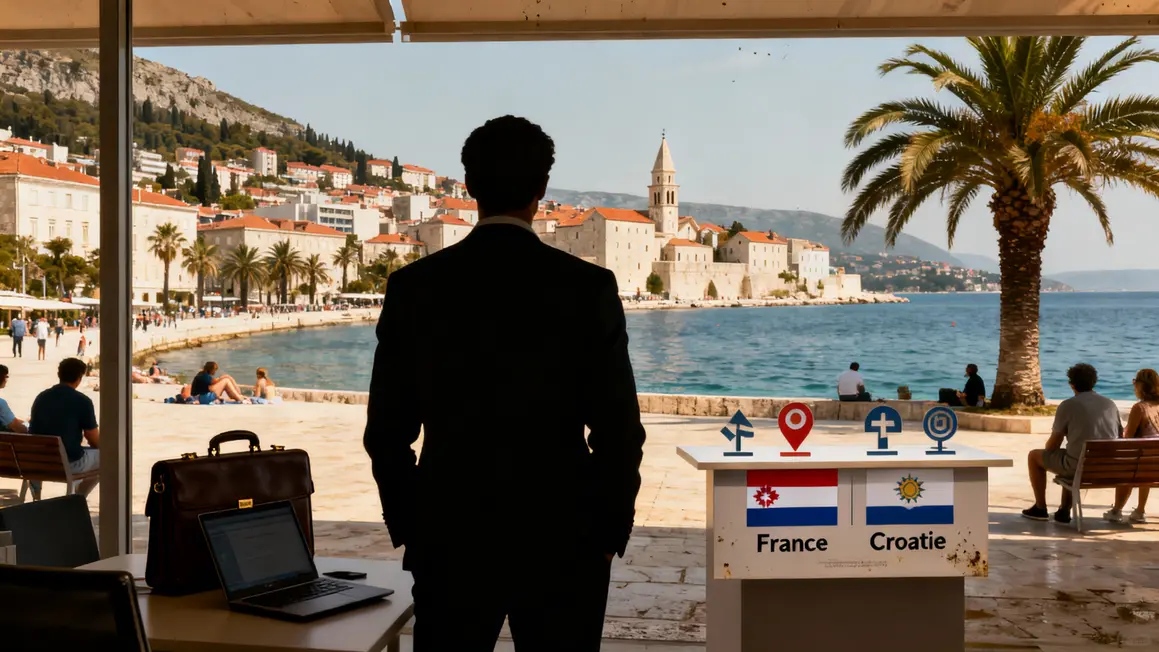 Silhouettes francophones sur ville croate moderne avec mer et valise