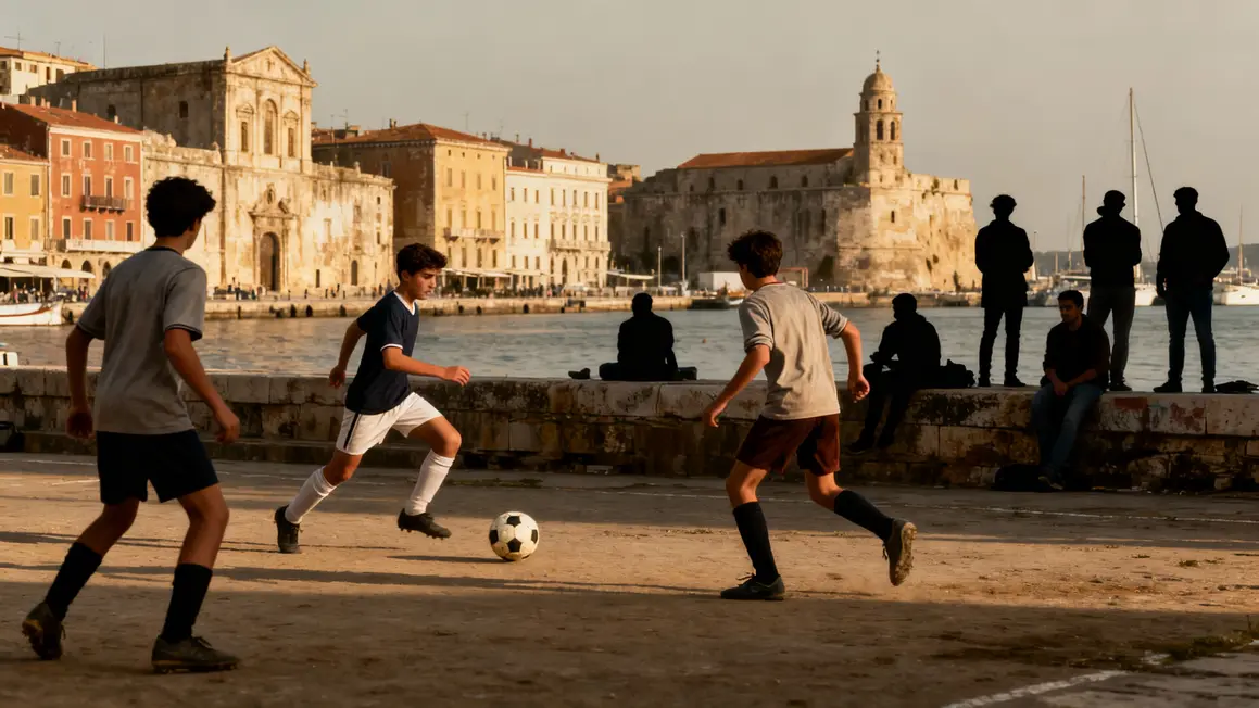 Jeunes croates jouant football port Rijeka époque retro