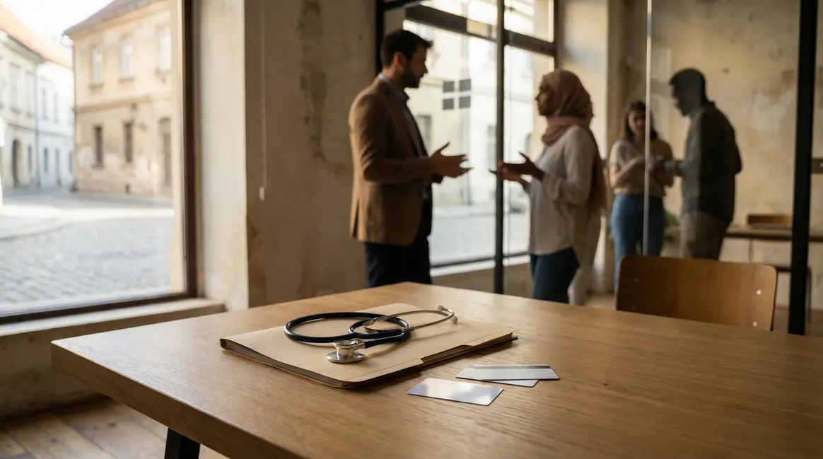 Bureau administratif et carte HZZO symbolisant le système de santé croate pour expatriés
