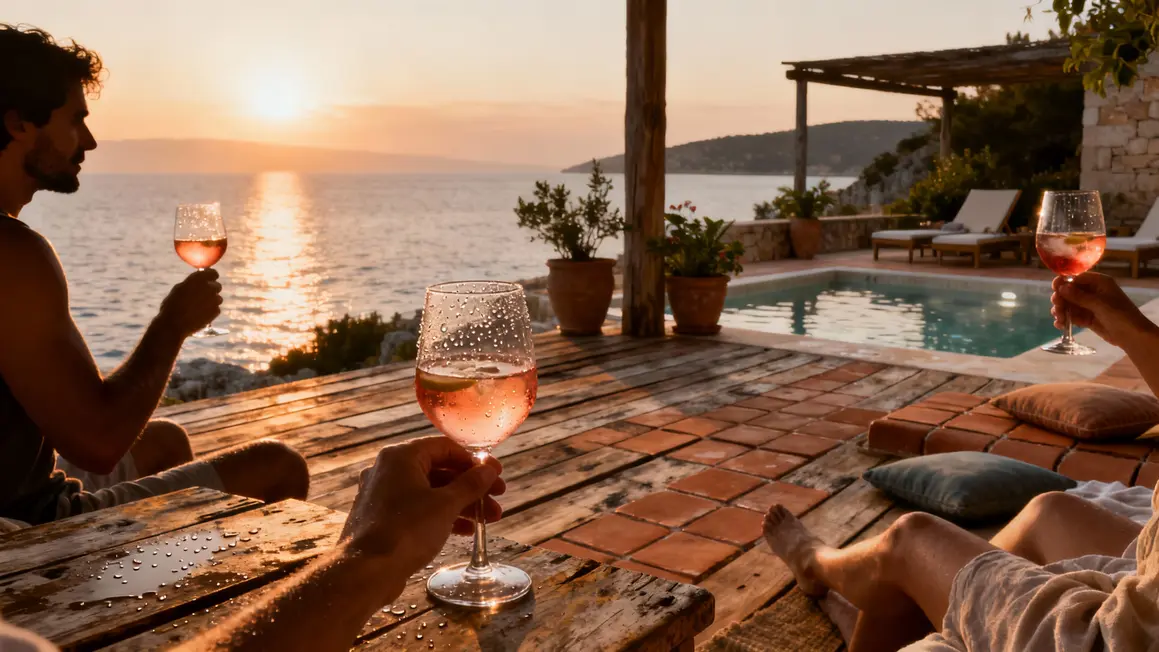 Terrasse hotel all inclusive Croatie vue mer coucher soleil