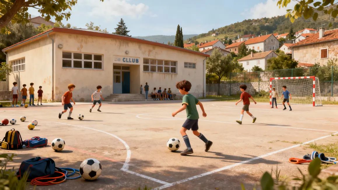 Enfants jouant au sport dans école village croate