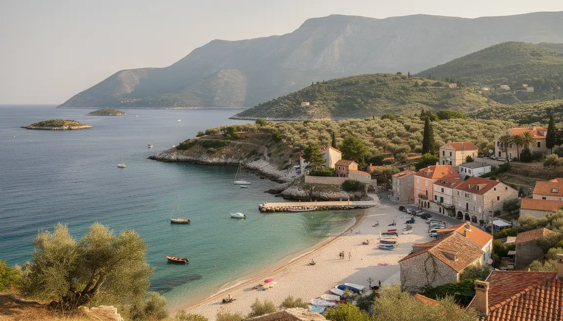 Vue panoramique côte croate avec plages, iles, montagnes