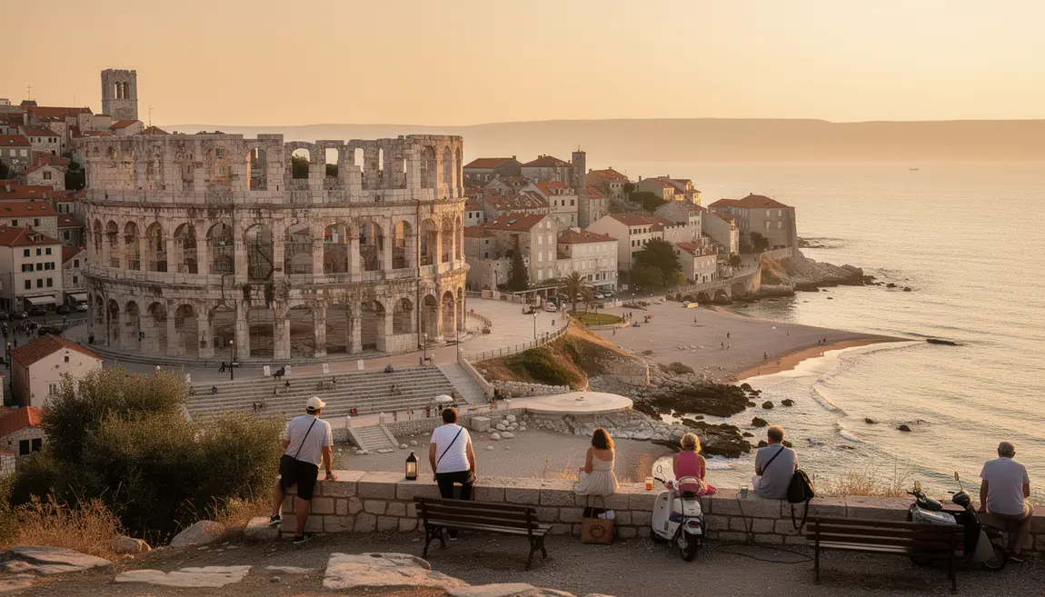 Vue panoramique de Pula avec amphithéâtre romain et plages Adriatique
