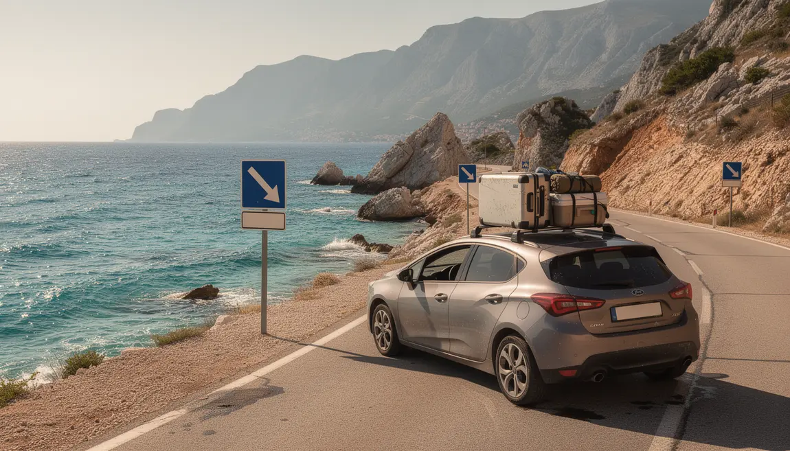 Voiture sur route Croatie, mer turquoise et montagnes, ambiance estivale