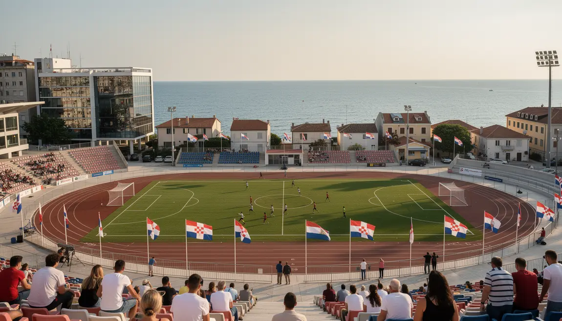 Stade croate au bord de la mer avec sportifs et drapeaux