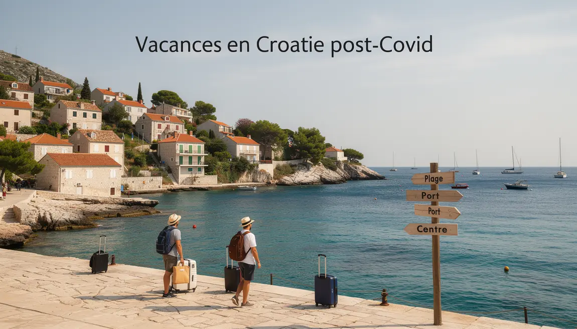 Vue panoramique côte croate, villages, bateaux, été