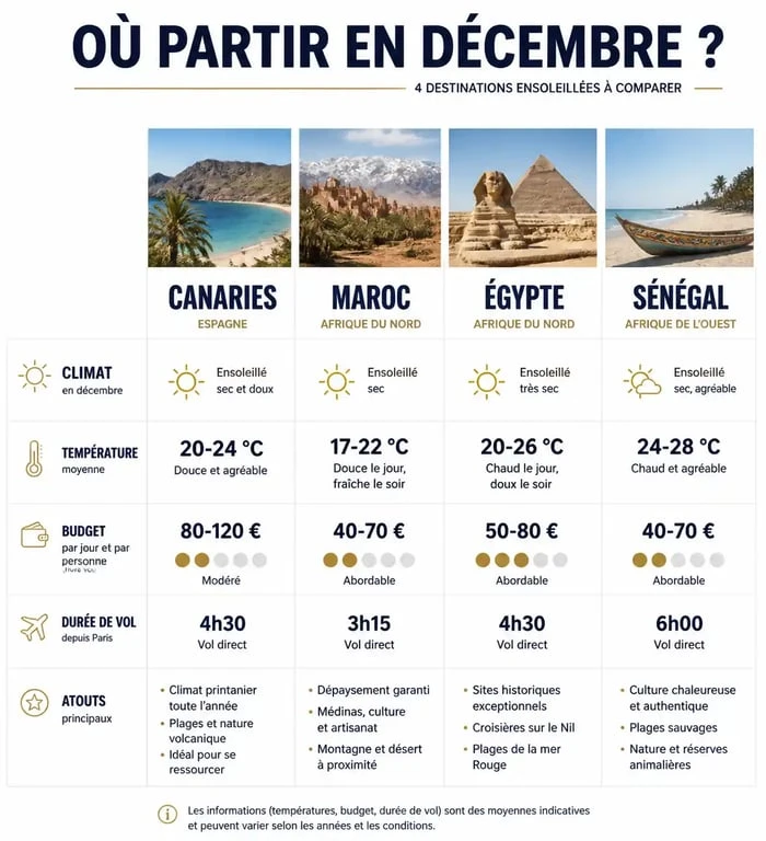 Comparatif des meilleures destinations pour un voyage pas cher en décembre au soleil