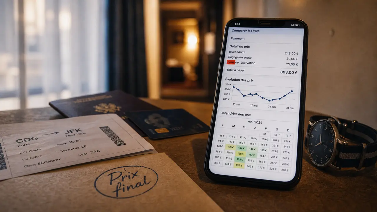 Astuce pour payer moins cher son billet d'avion : réserver entre 43 et 56 jours, comparer les frais.