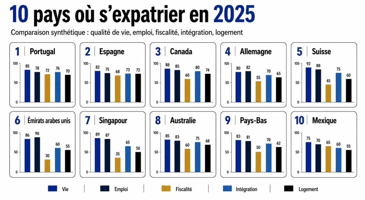 Où s’expatrier en 2025 : comparaison visuelle des meilleurs pays selon emploi, fiscalité et qualité de vie