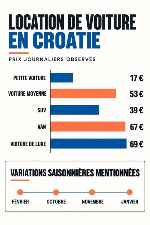 Infographie sur les prix d’une voiture location Croatie selon la catégorie et la saison