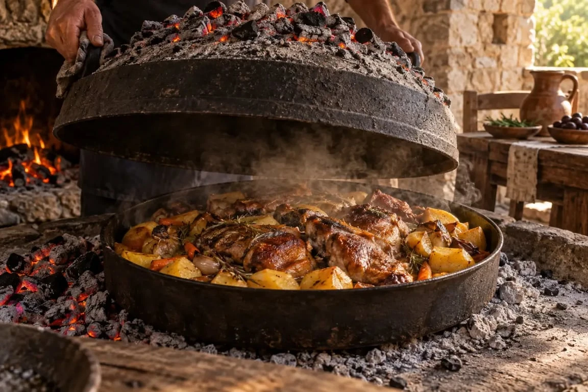 Cuisson traditionnelle de la peka parmi les spécialités croates, sous une cloche recouverte de braises