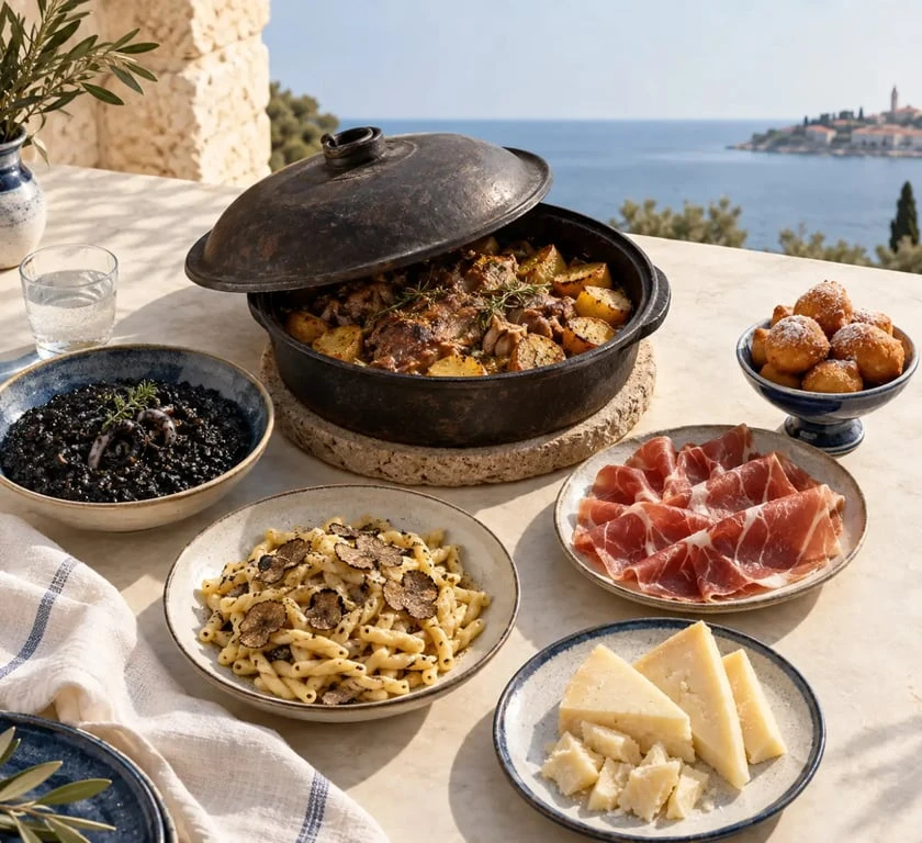 Spécialités croates réunies sur une table : peka, crni rižot, fuži, paški sir et pršut